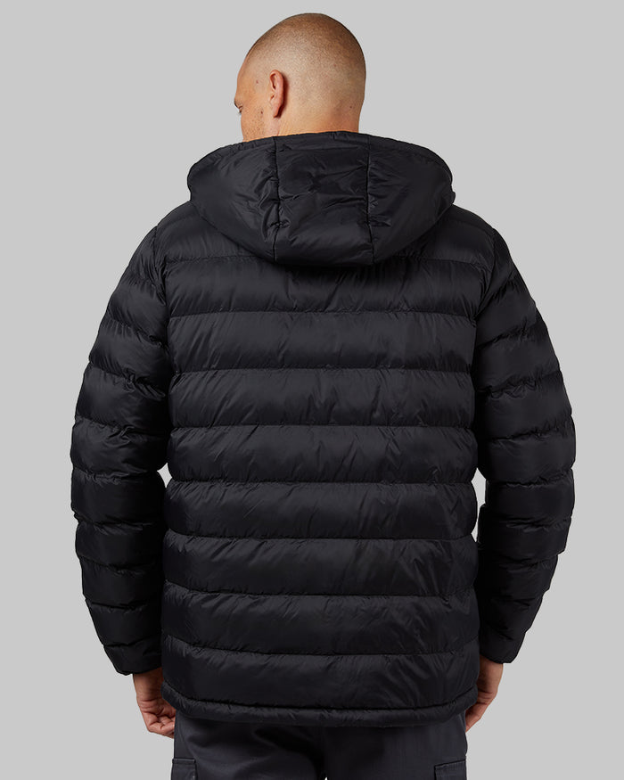 32 Degrees Black _ Men's Hooded Sherpa-Lined Jacket {model: Dennis is 6'1", wearing size M}{bottom}{right} {bottom}{right}
