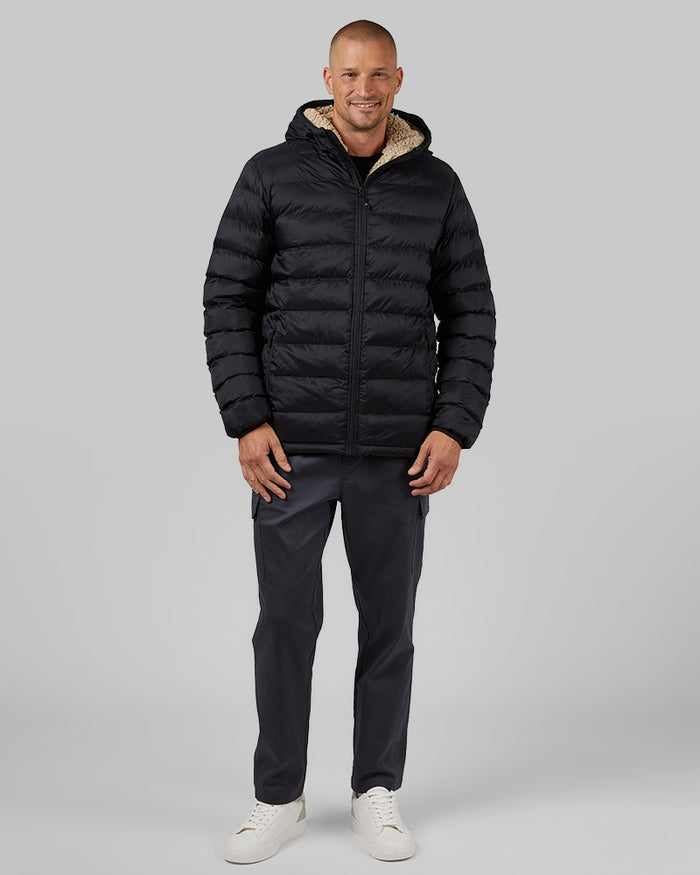 32 Degrees Black _ Men's Hooded Sherpa-Lined Jacket {model: Dennis is 6'1", wearing size M}{bottom}{right} {bottom}{right}