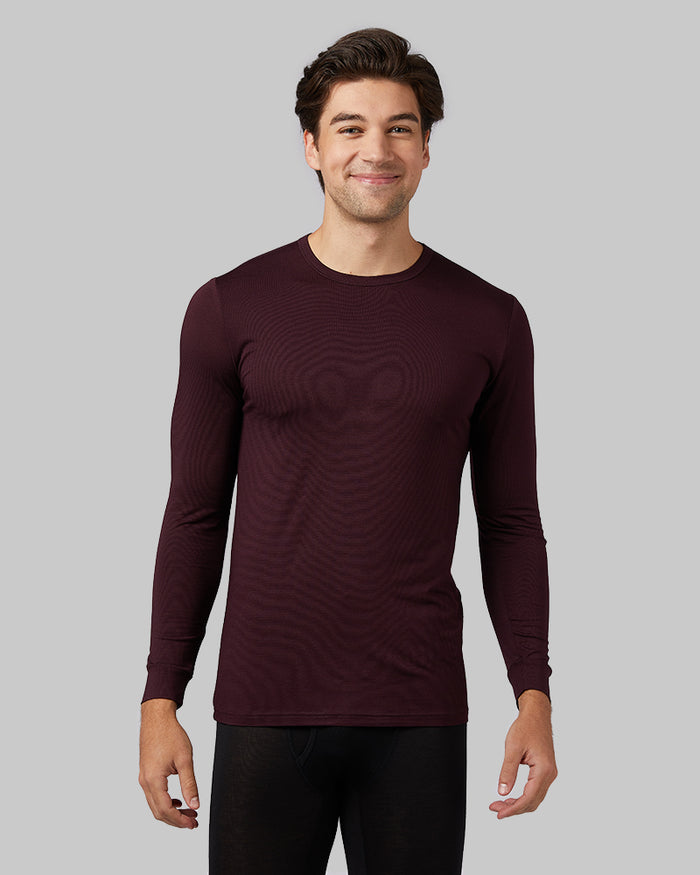 32 Degrees Burgundy _ Men's Lightweight Baselayer Crew Top {model: Zac is 6'3", wearing size M}{bottom}{right} {bottom}{right}