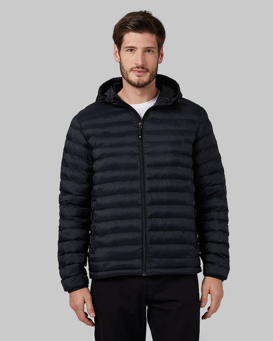 32 Degrees Black _ Men's Lightweight Recycled Poly-Fill Packable Jacket {model: Ryan is 6'1", wearing size M}{bottom}{right} {bottom}{right}