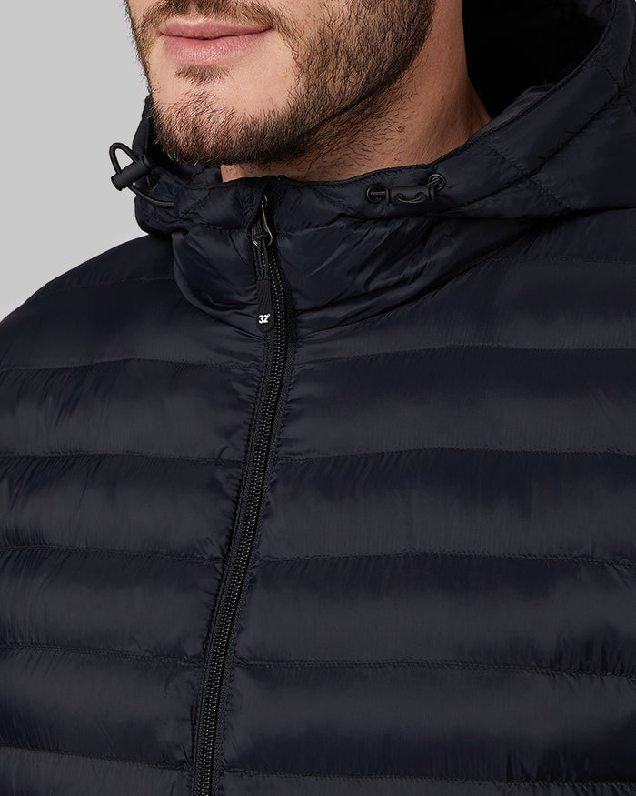32 Degrees Black _ Men's Lightweight Recycled Poly-Fill Packable Jacket {model: Ryan is 6'1", wearing size M}{bottom}{right} {bottom}{right}