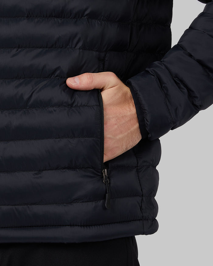 32 Degrees Black _ Men's Lightweight Recycled Poly-Fill Packable Jacket {model: Ryan is 6'1", wearing size M}{bottom}{right} {bottom}{right}