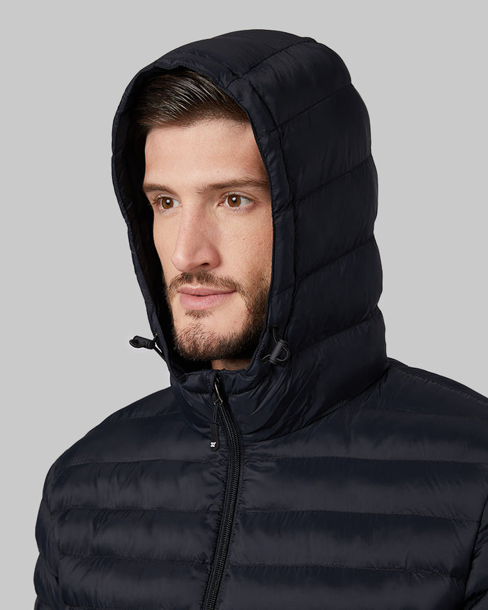 32 Degrees Black _ Men's Lightweight Recycled Poly-Fill Packable Jacket {model: Ryan is 6'1", wearing size M}{bottom}{right} {bottom}{right}
