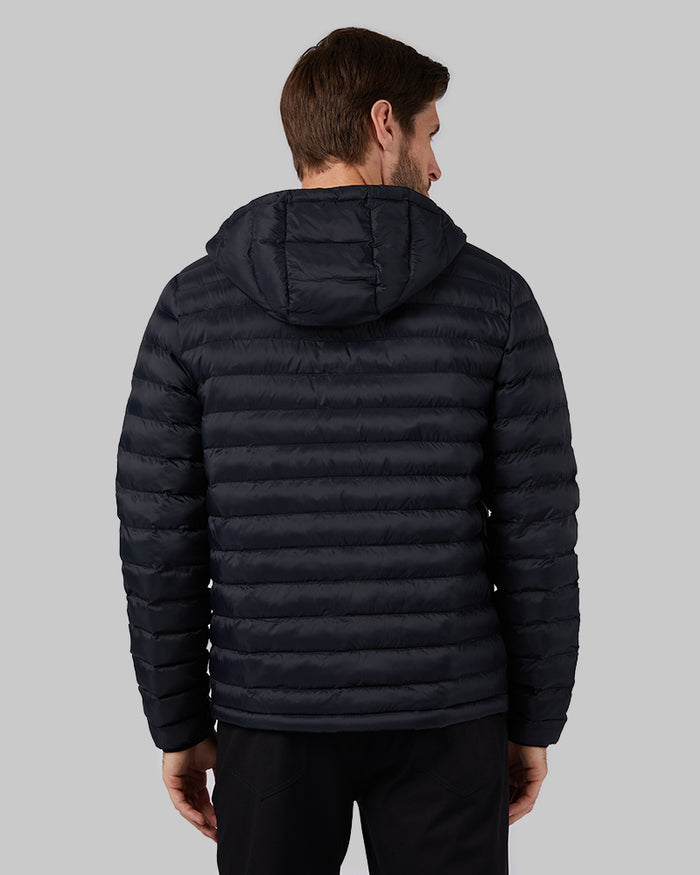 32 Degrees Black _ Men's Lightweight Recycled Poly-Fill Packable Jacket {model: Ryan is 6'1", wearing size M}{bottom}{right} {bottom}{right}