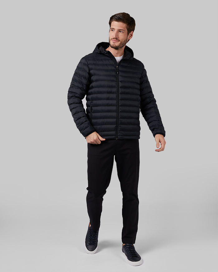 32 Degrees Black _ Men's Lightweight Recycled Poly-Fill Packable Jacket {model: Ryan is 6'1", wearing size M}{bottom}{right} {bottom}{right}