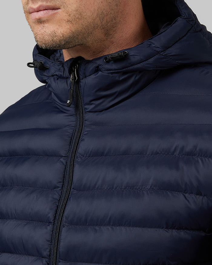 32 Degrees Stormy Night _ Men's Lightweight Recycled Poly-Fill Packable Jacket {model: Bobby is 6'1", wearing size M}{bottom}{right} {bottom}{right}