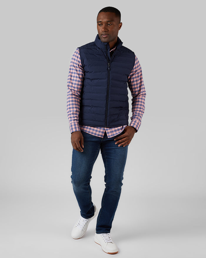 32 Degrees Stormy Night _ Men's Lightweight Packable Vest {model: Tradell is 6'1", wearing size M}{bottom}{right} {bottom}{right}