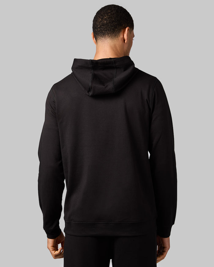 32 Degrees Black_ Men's Luxe Flex Pullover Hoodie {model: Quinten is 6'1", wearing size M}{bottom}{right} {bottom}{right}
