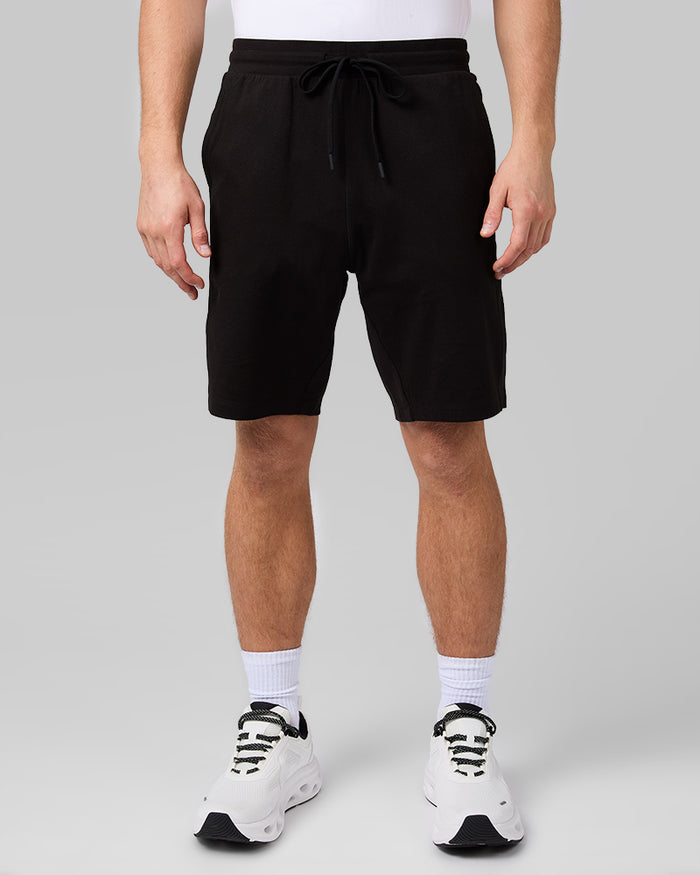 32 Degrees Black _ Men's Luxe Flex Short {model: David is 6'2", wearing size M}{bottom}{right} {bottom}{right}