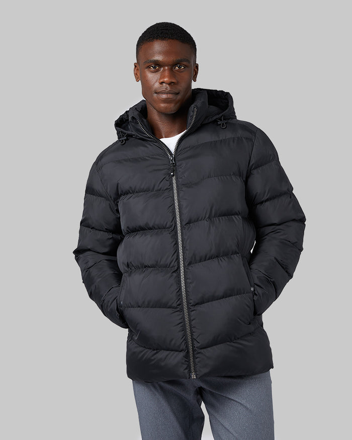 32 Degrees Black _ Men's Microlux Heavy Poly-Fill Puffer Jacket {model: Darius is 6'1", wearing size M]{bottom}{right} {bottom}{right}
