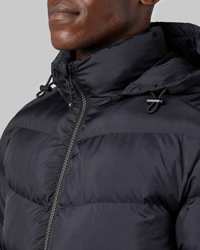 32 Degrees Black _ Men's Microlux Heavy Poly-Fill Puffer Jacket {model: Darius is 6'1", wearing size M]{bottom}{right} {bottom}{right}