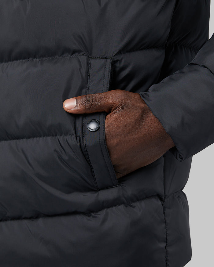32 Degrees Black _ Men's Microlux Heavy Poly-Fill Puffer Jacket {model: Darius is 6'1", wearing size M]{bottom}{right} {bottom}{right}