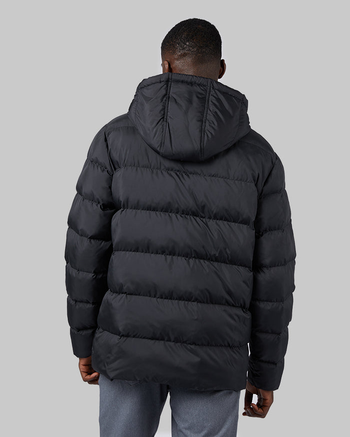 32 Degrees Black _ Men's Microlux Heavy Poly-Fill Puffer Jacket {model: Darius is 6'1", wearing size M]{bottom}{right} {bottom}{right}