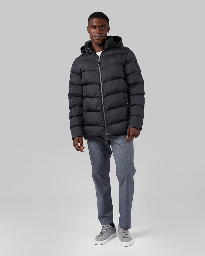 32 Degrees Black _ Men's Microlux Heavy Poly-Fill Puffer Jacket {model: Darius is 6'1", wearing size M]{bottom}{right} {bottom}{right}