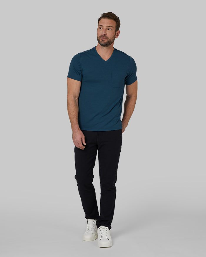 32 Degrees Black _ Mens Slim Straight 5-Pocket Stretch Twill Pant {model: Cedric is 6'1.5", wearing size 32}{bottom}{right} {bottom}{right}