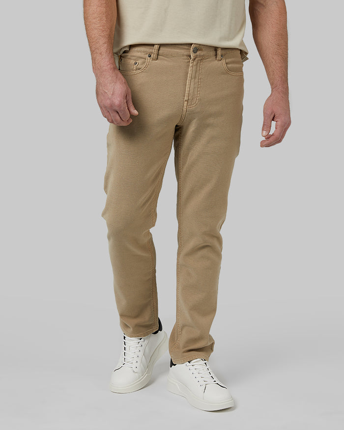 32 Degrees Desert Khaki _ Mens Slim Straight 5-Pocket Stretch Twill Pant {model: Cedric is 6'1.5", wearing size 32}{bottom}{right} {bottom}{right}