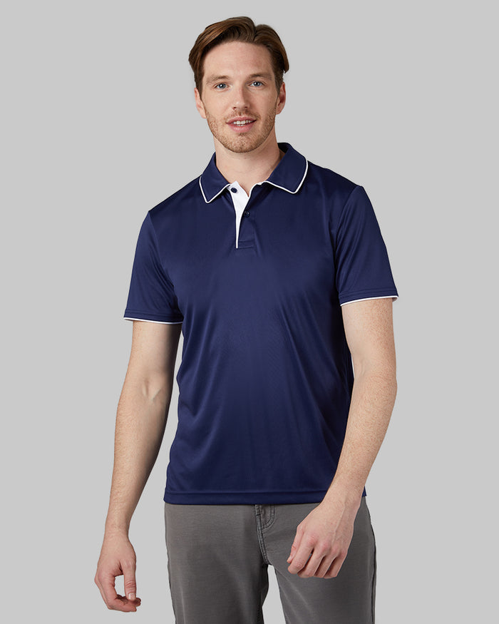 32 Degrees Night Blue _ Men's stretch Flow Tipped Polo {model: Eric is 6'2", wearing size M}{bottom}{right} {bottom}{right}