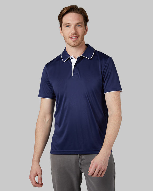 32 Degrees Night Blue _ Men's stretch Flow Tipped Polo {model: Eric is 6'2", wearing size M}{bottom}{right} {bottom}{right}