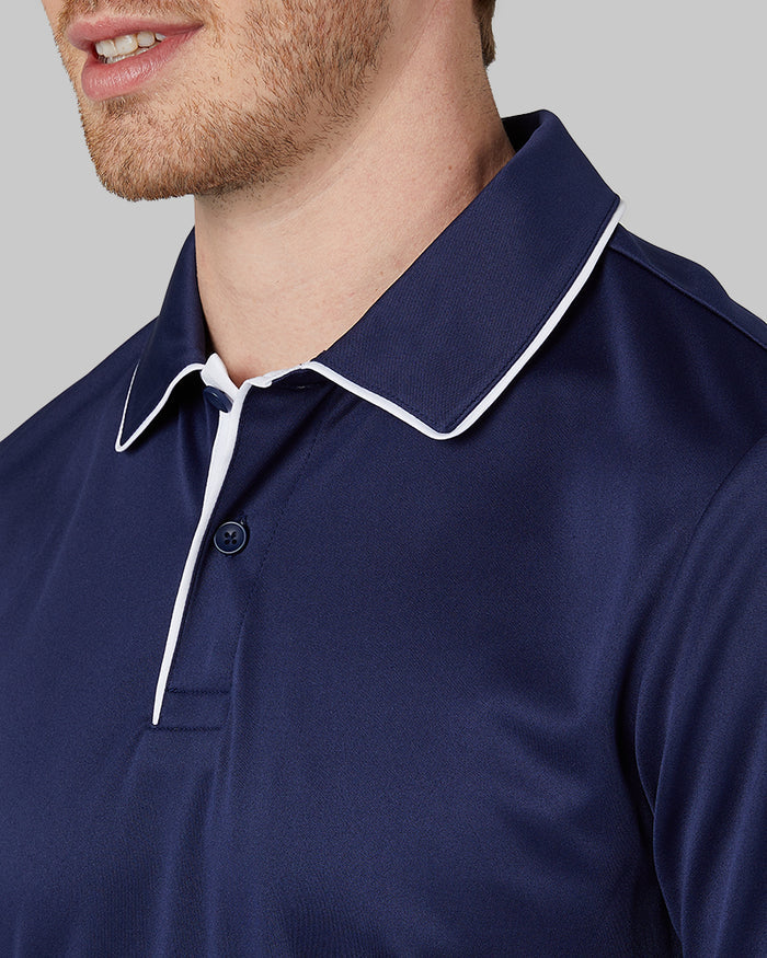 32 Degrees Night Blue _ Men's stretch Flow Tipped Polo {model: Eric is 6'2", wearing size M}{bottom}{right} {bottom}{right}