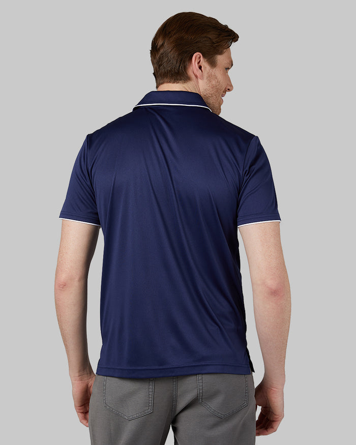 32 Degrees Night Blue _ Men's stretch Flow Tipped Polo {model: Eric is 6'2", wearing size M}{bottom}{right} {bottom}{right}