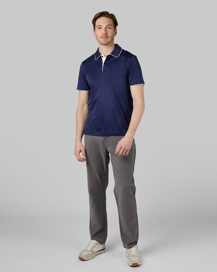 32 Degrees Night Blue _ Men's stretch Flow Tipped Polo {model: Eric is 6'2", wearing size M}{bottom}{right} {bottom}{right}