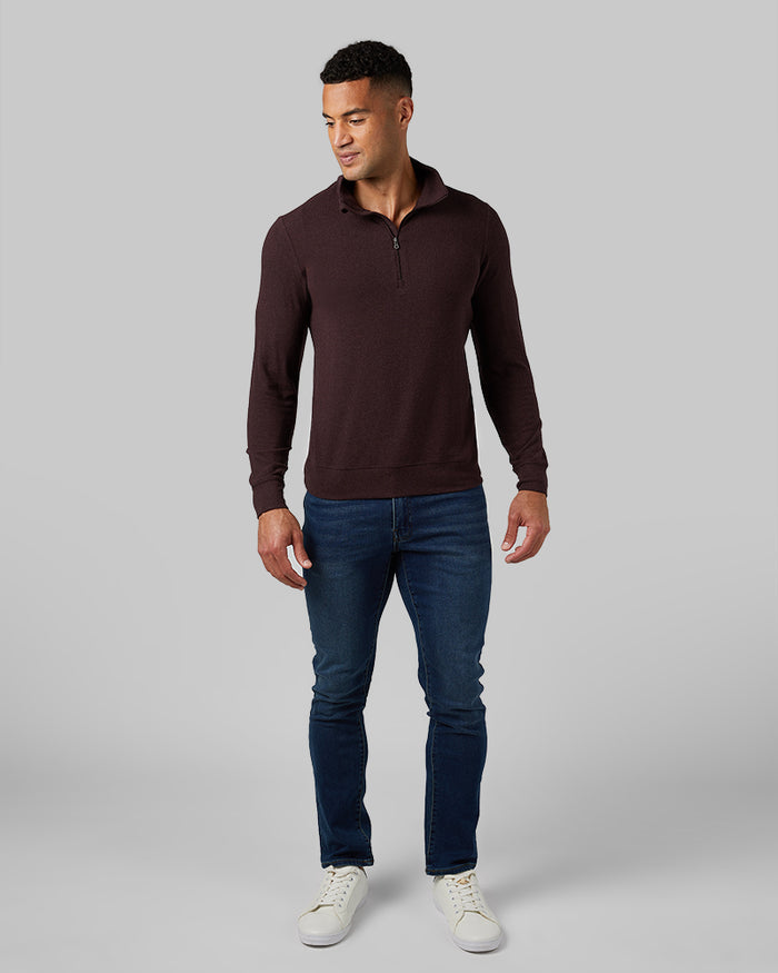 32 Degrees Fudge Heather _ Men's sweater Knit ¼ Zip Top {model: Devin is 6'2", wearing size M}{bottom}{right} {bottom}{right}