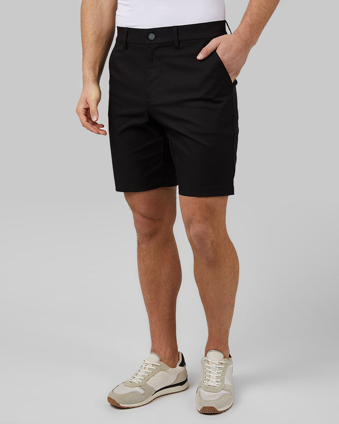 32 Degrees Black _ Men's Twill Tech 9-Inch short {model: Ethan is 6'2", wearing size M}{bottom}{right} {bottom}{right}