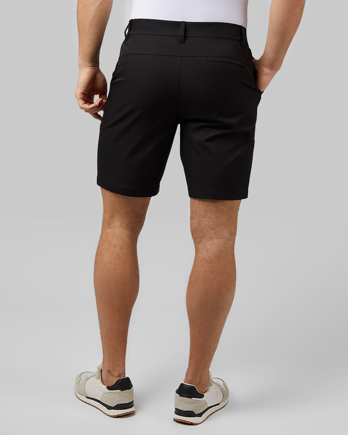 32 Degrees Black _ Men's Twill Tech 9-Inch short {model: Ethan is 6'2", wearing size M}{bottom}{right} {bottom}{right}