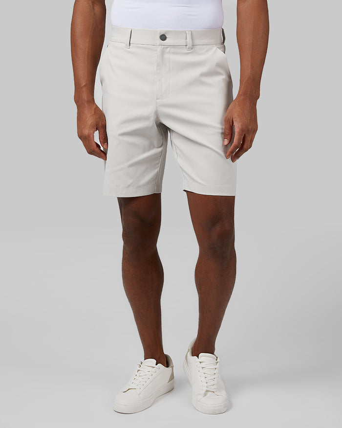 32 Degrees Ash Grey _ Men's Twill Tech 9-Inch short {model: Isaiah is 6'2", wearing size M}{bottom}{right} {bottom}{right}