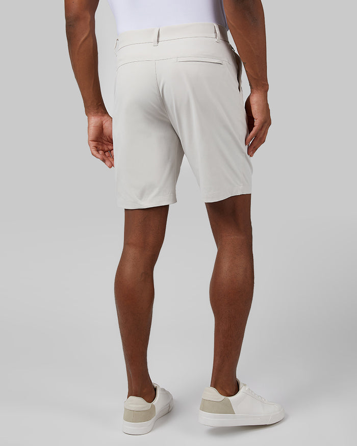32 Degrees Ash Grey _ Men's Twill Tech 9-Inch short {model: Isaiah is 6'2", wearing size M}{bottom}{right} {bottom}{right}