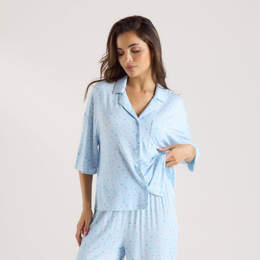 Modal Short Sleeve Pyjama Shirt - Blue Floral
