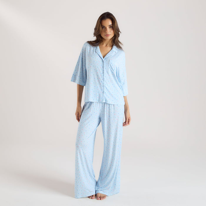 Modal Short Sleeve Pyjama Shirt - Blue Floral