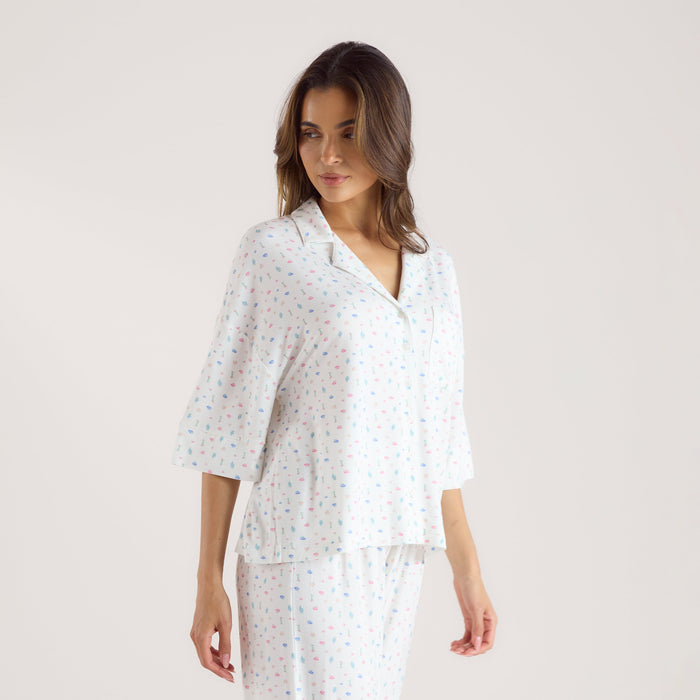 Modal Short Sleeve Pyjama Shirt - White Floral
