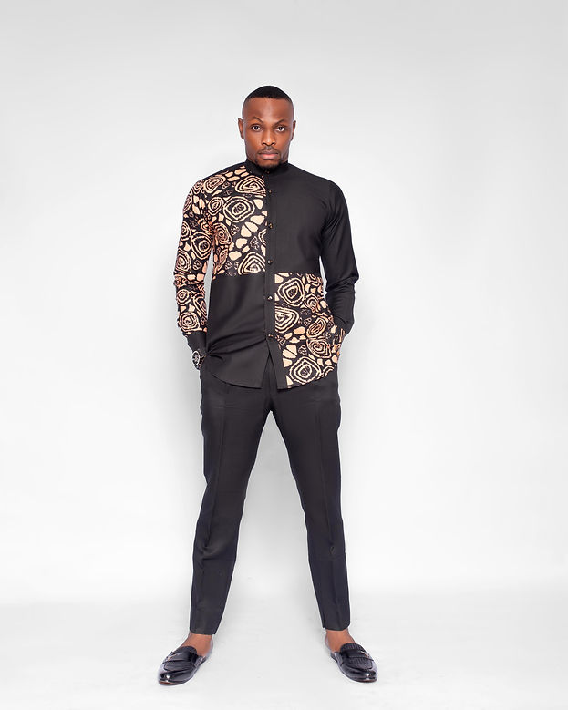 Modebe Men's African Shirt, (in Beige, Brown and Black Ankara)