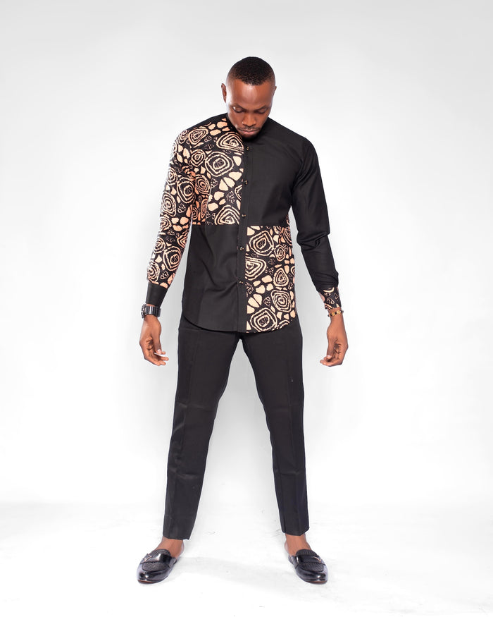 Modebe Men's African Shirt, (in Beige, Brown and Black Ankara)