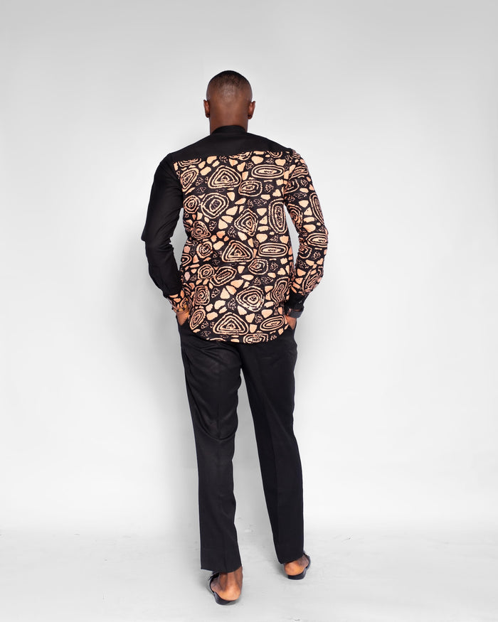 Modebe Men's African Shirt, (in Beige, Brown and Black Ankara)