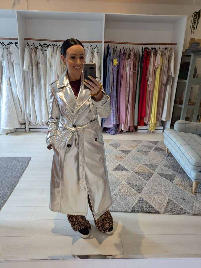 Never Fully Dressed Silver Pleather Coat M NWT
