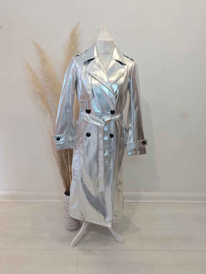 Never Fully Dressed Silver Pleather Coat M NWT