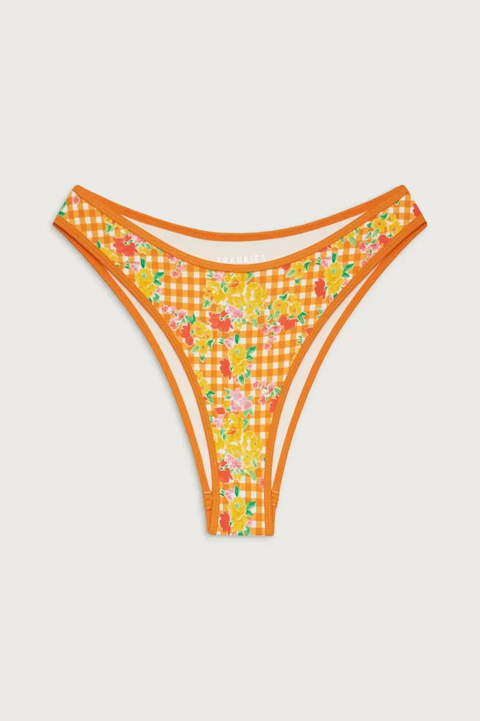 Frankies Bikinis Nick Top and Dove Bottom in Marigold Gingham bottom detail