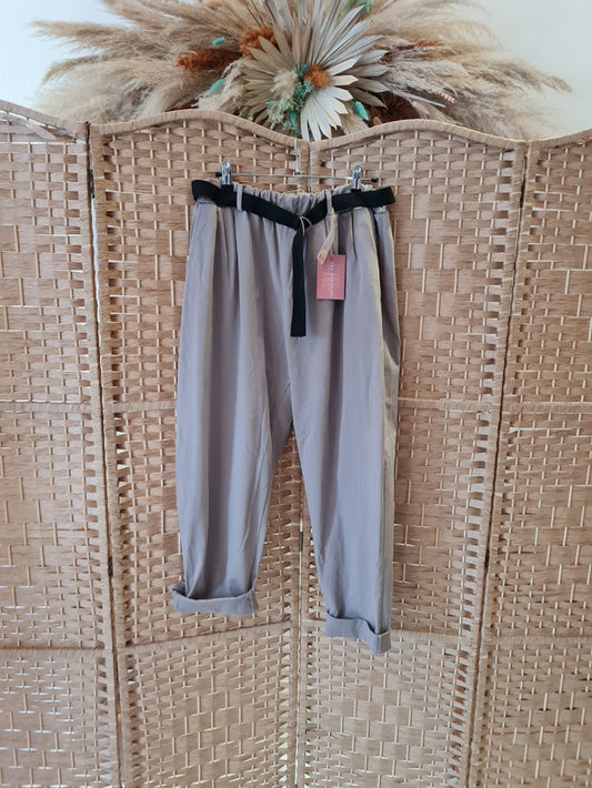 Paper bag stretchy trousers in taupe