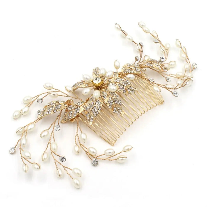 Pearl & Crystal Gold Floral Bridal Headpiece Comb - The Wedding Garter