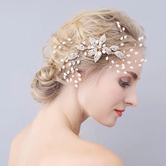 Pearl & Crystal Gold Floral Bridal Headpiece Comb - The Wedding Garter