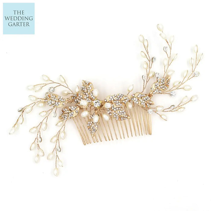 Pearl & Crystal Gold Floral Bridal Headpiece Comb - The Wedding Garter