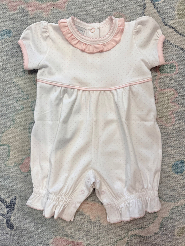 Pink Bitty Dot Puff Sleeve Romper with Ruffle Neck