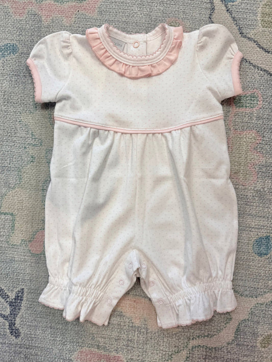 Pink Bitty Dot Puff Sleeve Romper with Ruffle Neck