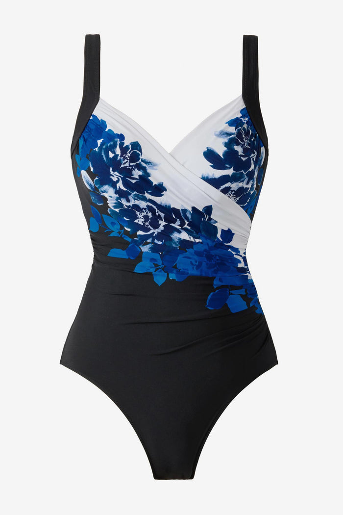 Blue floral pattern one-piece swimsuit