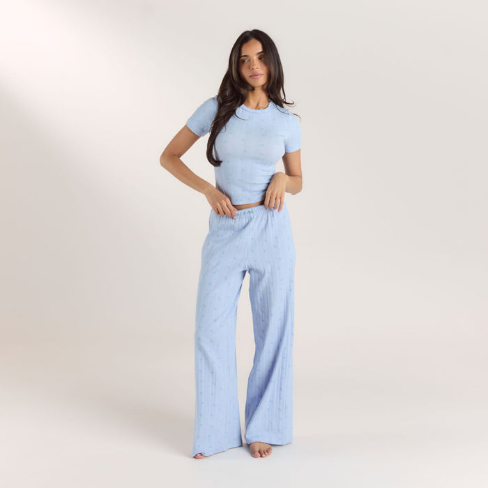 Pointelle Fitted Pyjama Top - Blue Floral