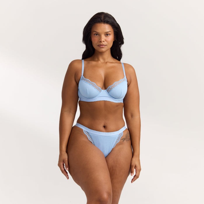 Ribbed Balcony Bra  - Blue