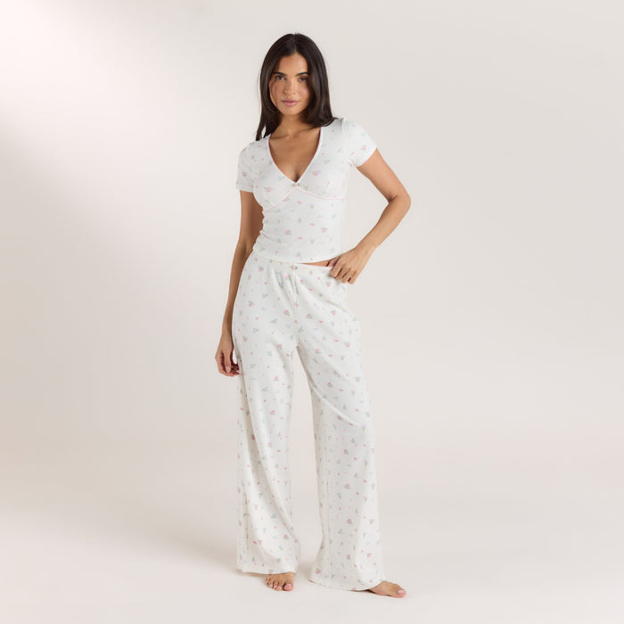 Ribbed Pyjama Bottoms - White Floral