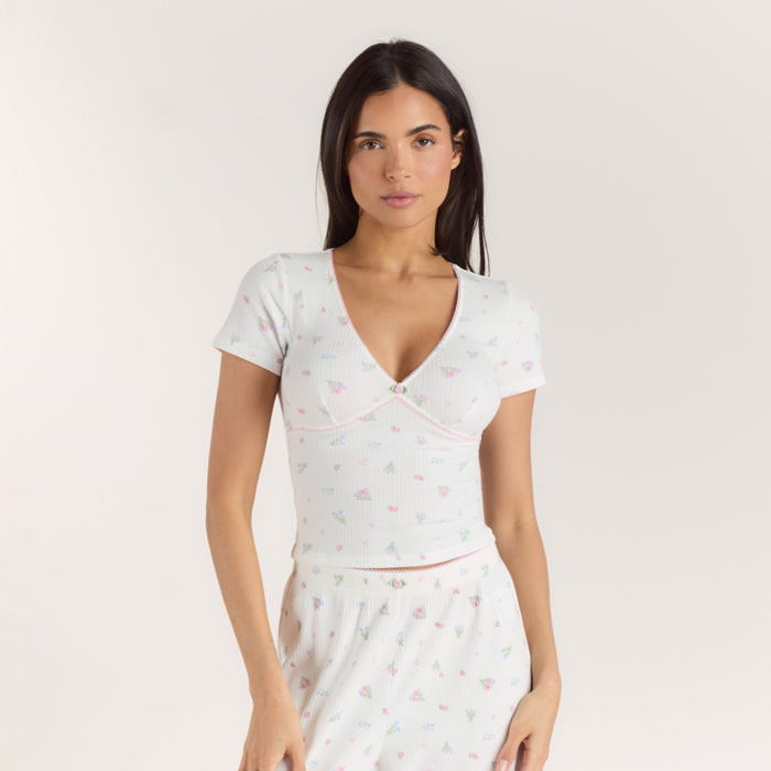 Ribbed Short-Sleeve Pyjama Top - White Floral
